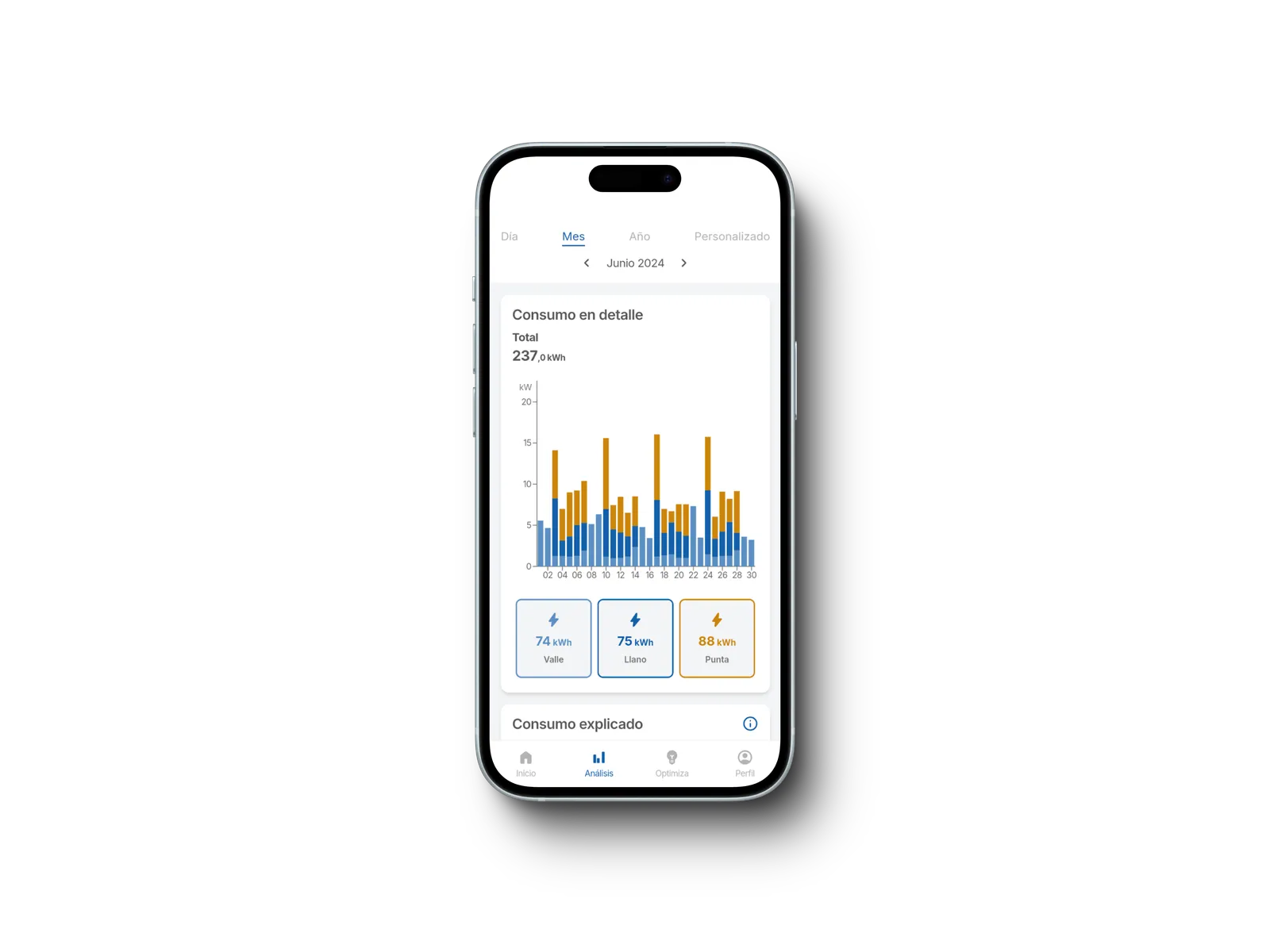 Imagen de la APP de MySelectra con el consumo de un mes desglosado por días