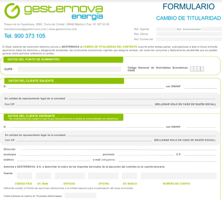 Datos necesarios para el cambio de titular del contrato con Gesternova (Contigo Energía)