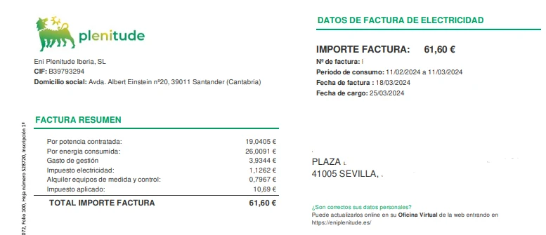 Datos y resumen de una factura de electricidad de Plenitude