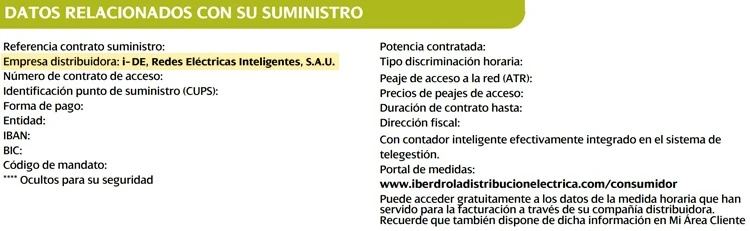 Datos del suministro eléctrico de i-DE (Iberdrola) en la factura de la luz