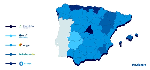 Mapa de la distribución del gas natural en España por distribuidora