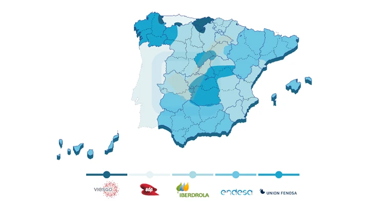 Mapa del reparto territorial de las distribuidoras de luz en España