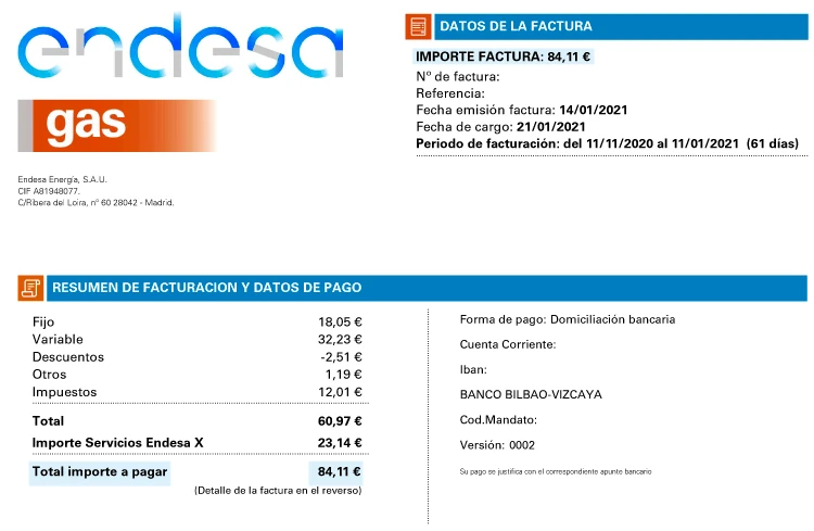 Importe de servicios Endesa X en una factura de Endesa