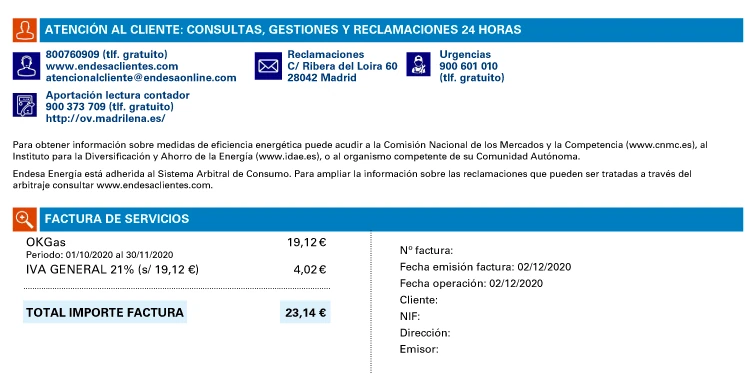 Detalle de la factura de servicios de Endesa X