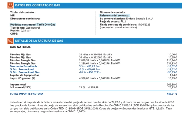 Detalle de la factura de gas de Endesa