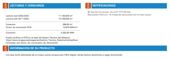 Información sobre el producto en una factura de gas de Endesa