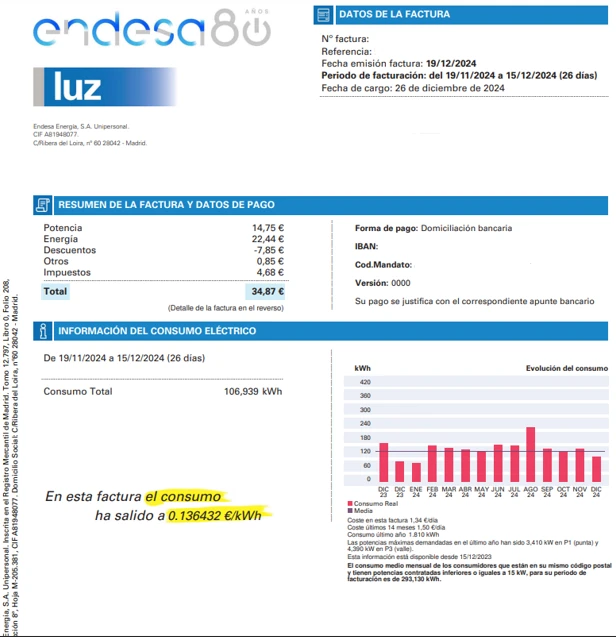 Factura de luz de Endesa, primera hoja