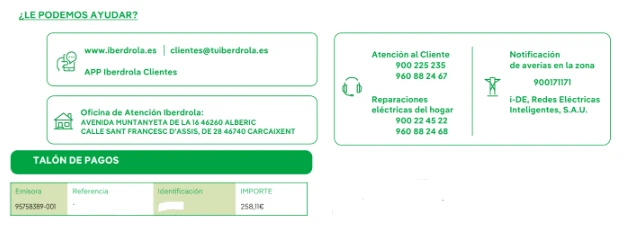 Información de contacto en la factura de luz de Iberdrola