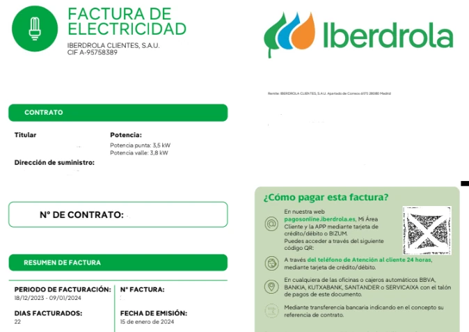 Datos del contrato en la factura de luz de Iberdrola