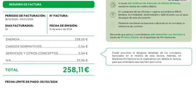 Resumen de la factura de luz de Iberdrola