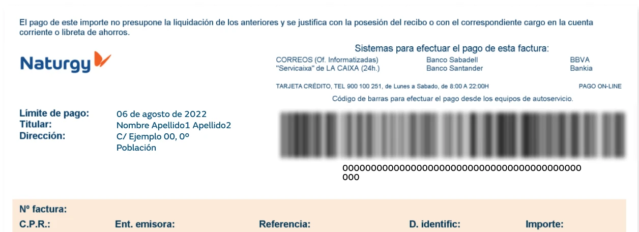 Documento de pago de Naturgy con código de barras