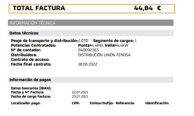 Información técnica de la factura de luz de Repsol