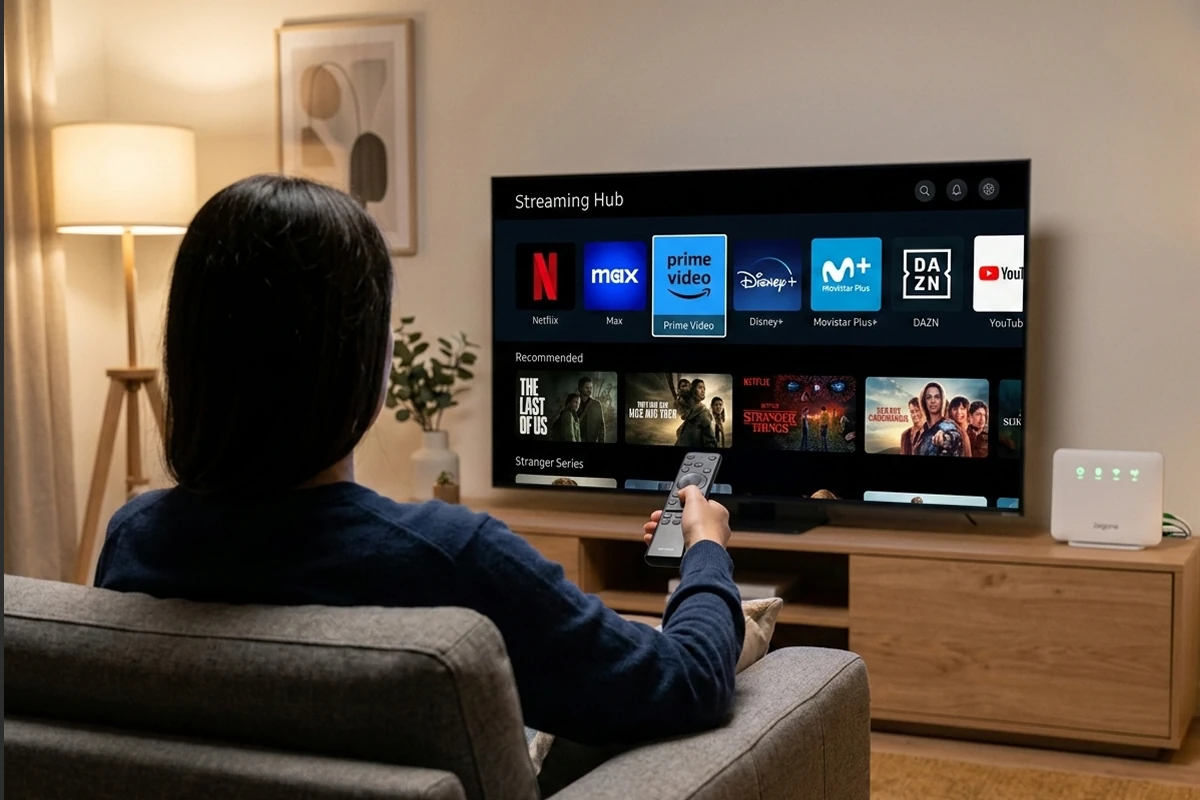 Persona sentada frente a una smart TV eligiendo entre Netflix, Max, Prime Video y Disney+ con un mando en la mano, junto a un router WiFi en un salón moderno.
