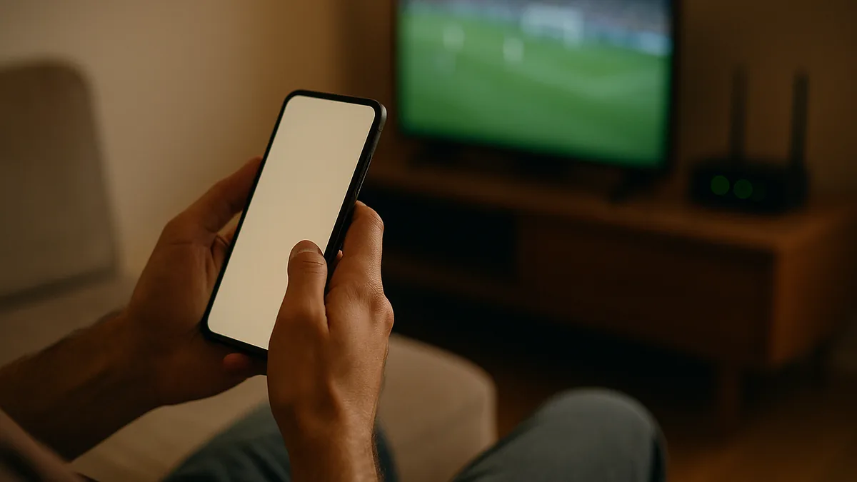 Manos sosteniendo un móvil en el sofá con el televisor y el router de fibra al fondo