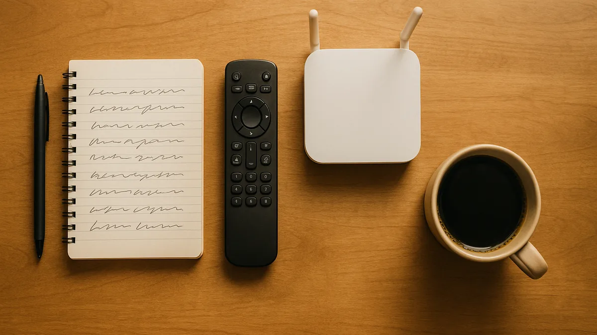 Libreta, mando de televisión, router y café sobre una mesa de madera a modo de checklist