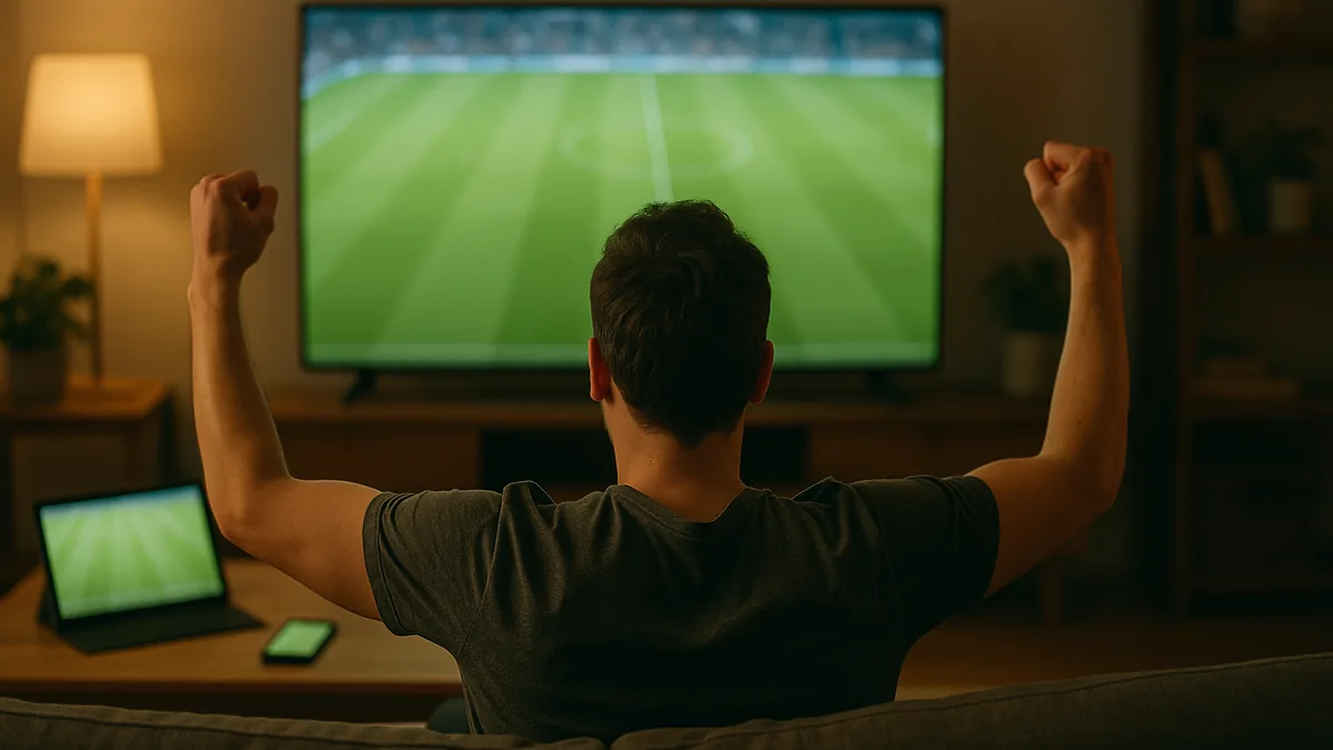 Salón de noche con el partido de fútbol en el televisor, la tablet y el móvil a la vez