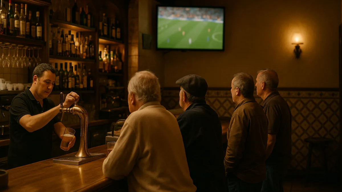 Interior de un bar español con clientes en la barra viendo un partido de fútbol