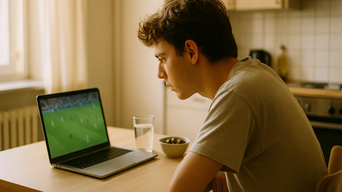 Joven viendo un partido de fútbol en el portátil sobre la mesa de la cocina