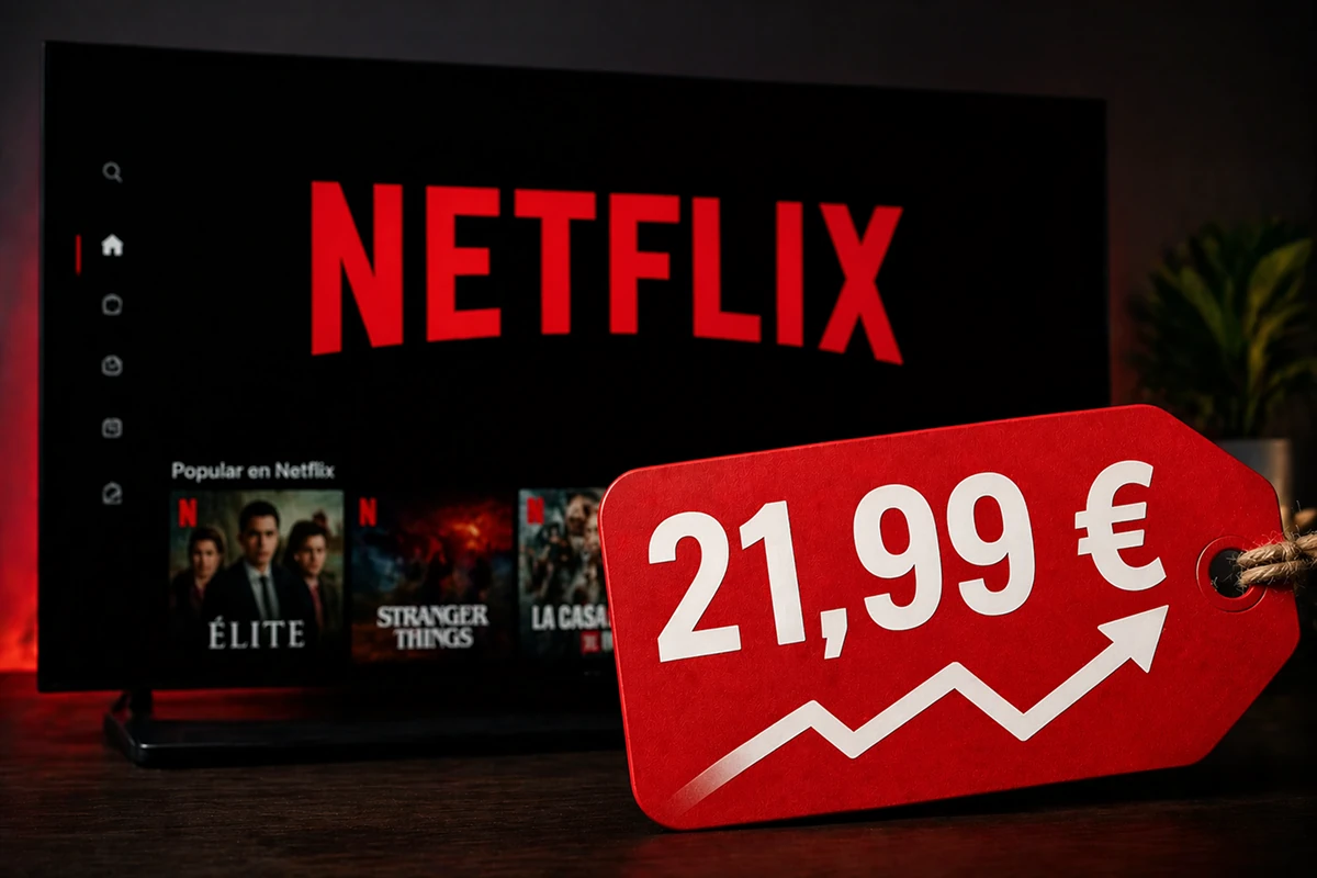 Logo de Netflix en una pantalla con una etiqueta roja de 21,99 euros y una flecha ascendente que representa la subida de precios en España