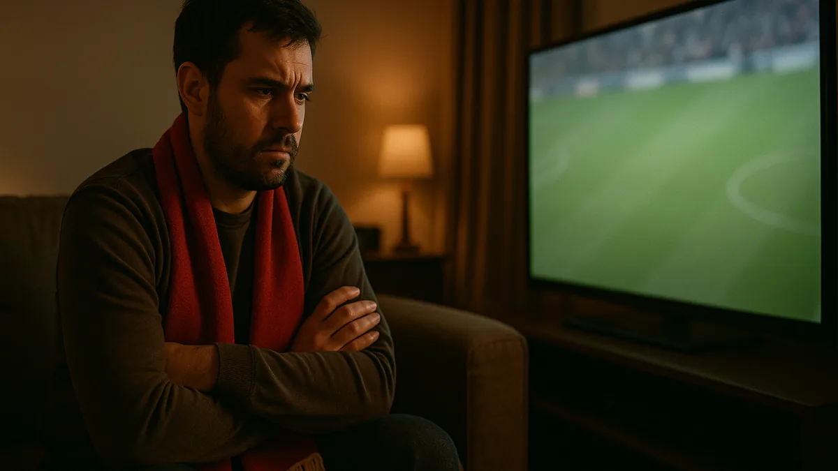 Aficionado con bufanda viendo solo en el sofá un partido de fútbol en el televisor