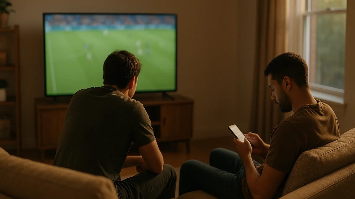 Dos aficionados en un sofá viendo un partido de fútbol en el televisor del salón