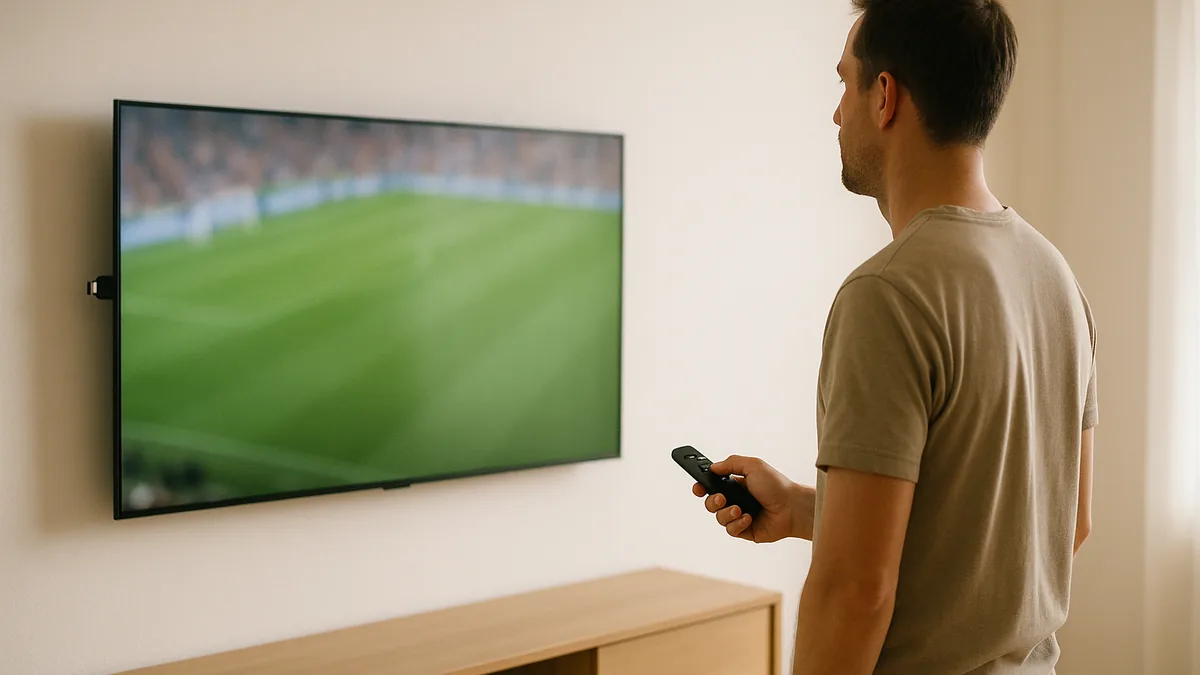 Salón minimalista con un stick de streaming conectado al televisor, sin router a la vista