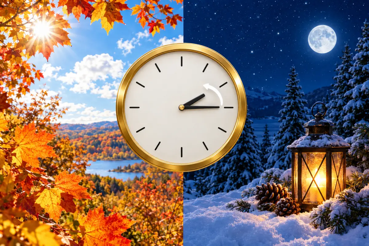 Reloj de pared dorado entre un día de otoño y una noche nevada, con la aguja de las horas pasando de las 3 a las 2