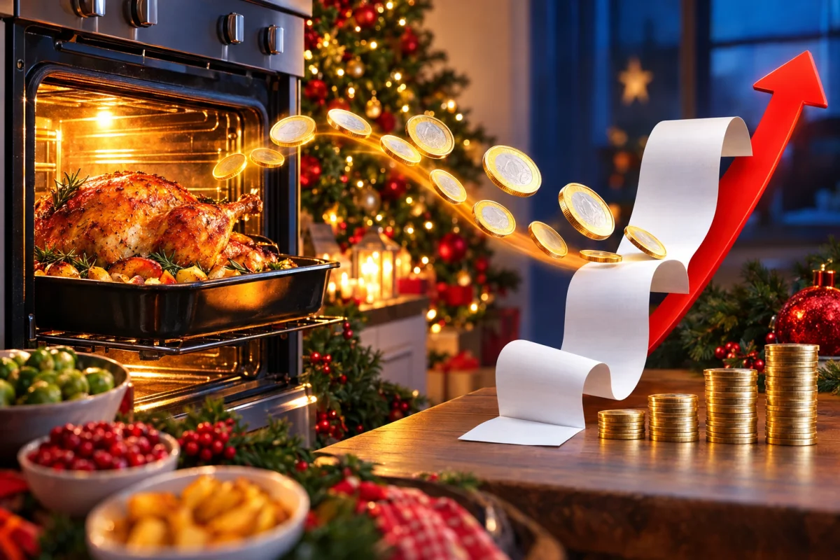 Pavo en el horno junto a un árbol de Navidad, monedas y un tique que vuela con una flecha al alza