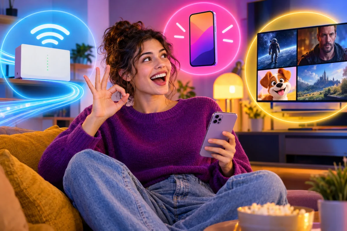 Mujer feliz en el sofá con el móvil junto a un router, un televisor con series y palomitas
