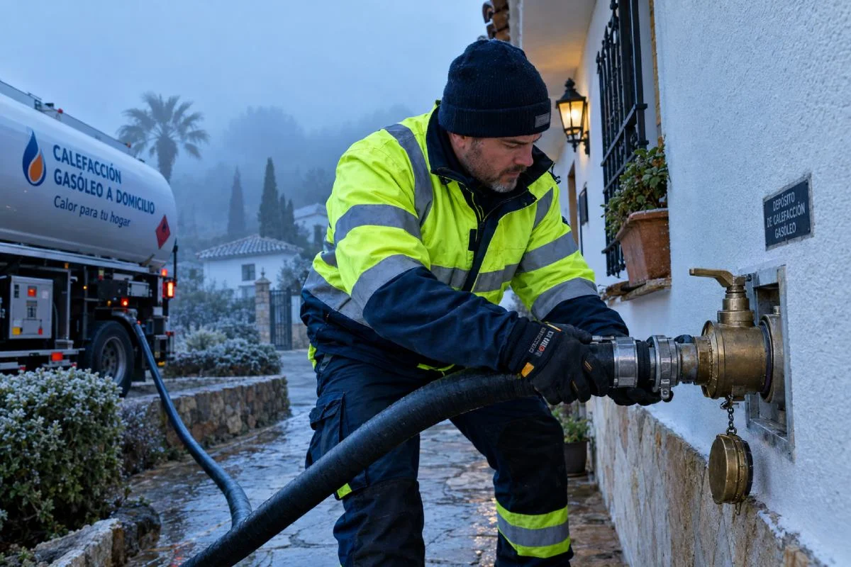 Repartidor con chaqueta reflectante que conecta la manguera de un camión cisterna a la toma de gasóleo de una casa en invierno