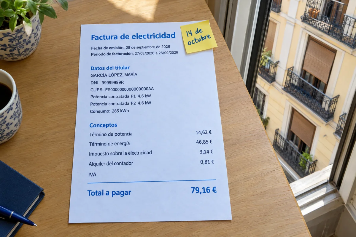 Factura de la luz española sobre una mesa de madera, con la línea del IVA sin porcentaje y una nota adhesiva con la fecha