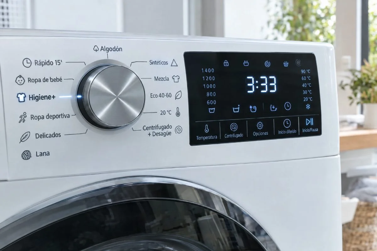 Panel de una lavadora con el selector de programas, entre ellos Algodón, Eco 40-60 y 20 °C, y la pantalla en 3:33