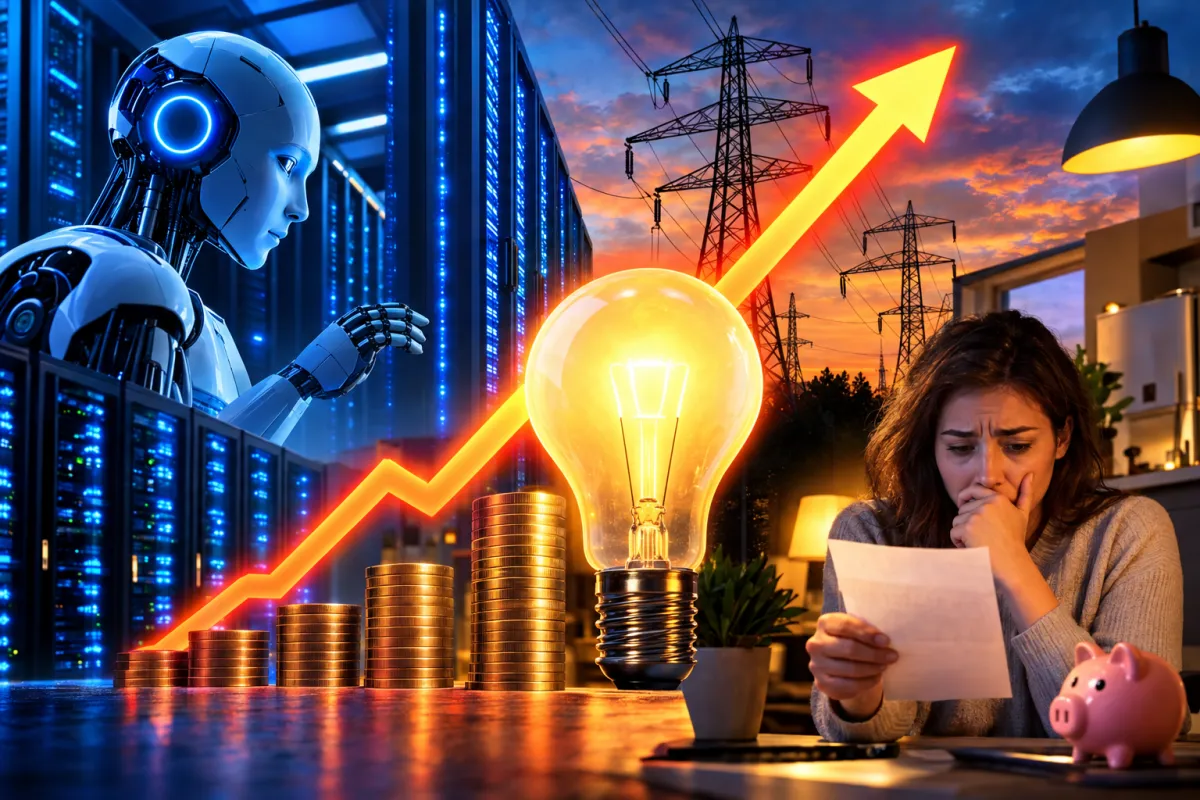 Robot en un centro de datos, torres eléctricas, una bombilla con monedas al alza y una mujer preocupada