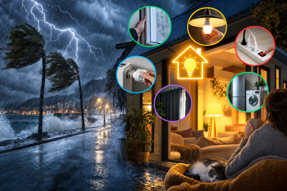 Temporal de lluvia y viento junto a una casa iluminada con detalles de enchufes, termostato y electrodomésticos