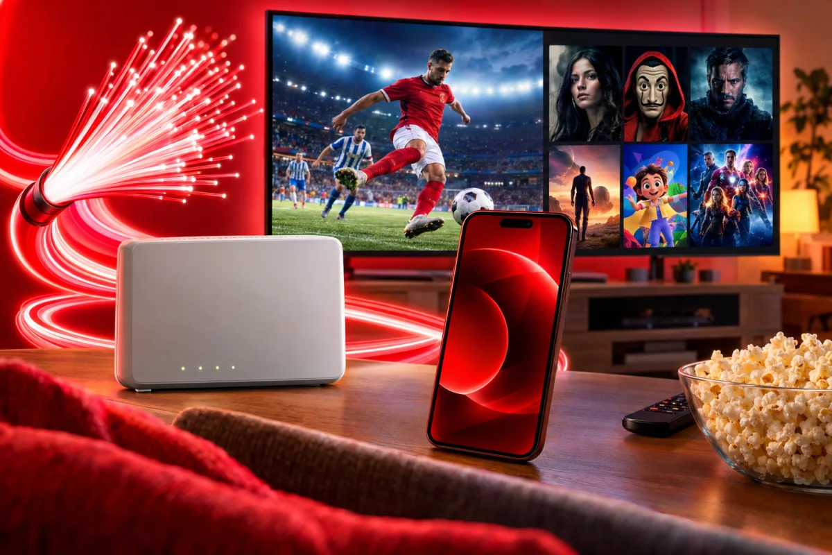 Fibras ópticas rojas, un router, un móvil rojo y un televisor con fútbol y series en un salón con palomitas